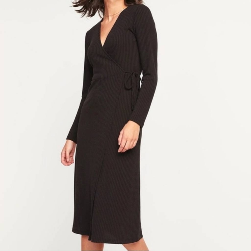 Old Navy Ribbed Wrap Midi Black Dress Size M